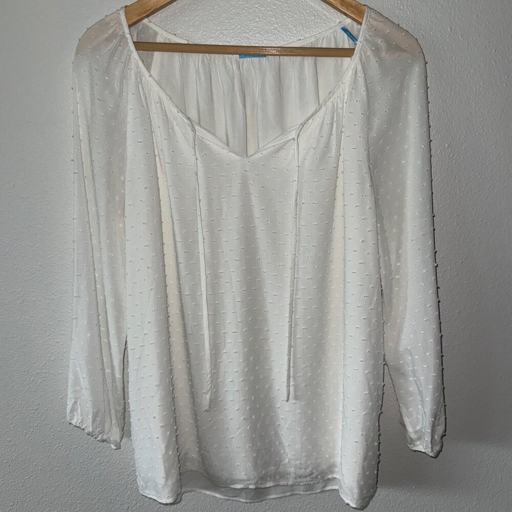 J. McLaughlin White Lined‎ Peasant Top with Plumetis Rayon Fabric Size M